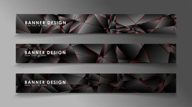 Kare afiş vektör koleksiyonu . Lüks koyu poligonal desen li ve kırmızı üçgen çizgileri olan siyah premium arka plan