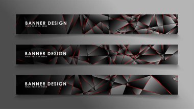 Kare afiş vektör koleksiyonu . Lüks koyu poligonal desen li ve kırmızı üçgen çizgileri olan siyah premium arka plan