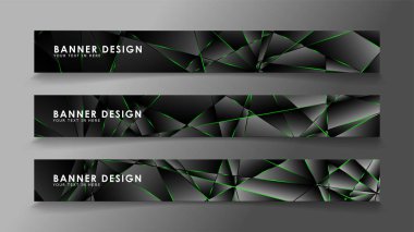 kare afiş vektör koleksiyonu . Lüks koyu poligonal desen ve yeşil üçgen çizgileri ile siyah prim arka plan