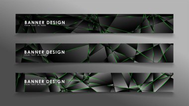 kare afiş vektör koleksiyonu . Lüks koyu poligonal desen ve yeşil üçgen çizgileri ile siyah prim arka plan