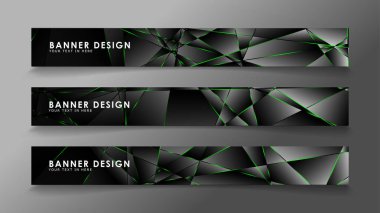 kare afiş vektör koleksiyonu . Lüks koyu poligonal desen ve yeşil üçgen çizgileri ile siyah prim arka plan