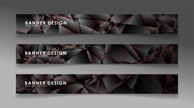 Kare afiş vektör koleksiyonu . Lüks koyu poligonal desen li ve kırmızı üçgen çizgileri olan siyah premium arka plan