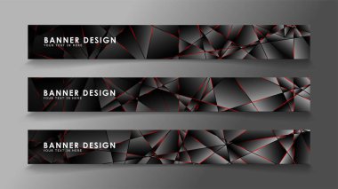 Kare afiş vektör koleksiyonu . Lüks koyu poligonal desen li ve kırmızı üçgen çizgileri olan siyah premium arka plan