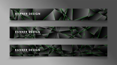 kare afiş vektör koleksiyonu . Lüks koyu poligonal desen ve yeşil üçgen çizgileri ile siyah prim arka plan