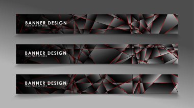 Kare afiş vektör koleksiyonu . Lüks koyu poligonal desen li ve kırmızı üçgen çizgileri olan siyah premium arka plan