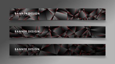 Kare afiş vektör koleksiyonu . Lüks koyu poligonal desen li ve kırmızı üçgen çizgileri olan siyah premium arka plan