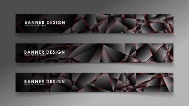 Kare afiş vektör koleksiyonu . Lüks koyu poligonal desen li ve kırmızı üçgen çizgileri olan siyah premium arka plan