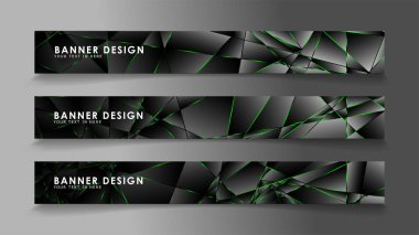 kare afiş vektör koleksiyonu . Lüks koyu poligonal desen ve yeşil üçgen çizgileri ile siyah prim arka plan