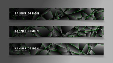 kare afiş vektör koleksiyonu . Lüks koyu poligonal desen ve yeşil üçgen çizgileri ile siyah prim arka plan