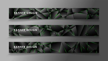 kare afiş vektör koleksiyonu . Lüks koyu poligonal desen ve yeşil üçgen çizgileri ile siyah prim arka plan