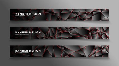 Kare afiş vektör koleksiyonu . Lüks koyu poligonal desen li ve kırmızı üçgen çizgileri olan siyah premium arka plan