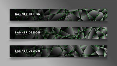 kare afiş vektör koleksiyonu . Lüks koyu poligonal desen ve yeşil üçgen çizgileri ile siyah prim arka plan