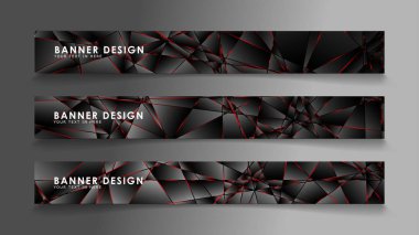 Kare afiş vektör koleksiyonu . Lüks koyu poligonal desen li ve kırmızı üçgen çizgileri olan siyah premium arka plan