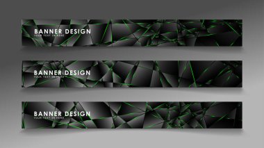 kare afiş vektör koleksiyonu . Lüks koyu poligonal desen ve yeşil üçgen çizgileri ile siyah prim arka plan