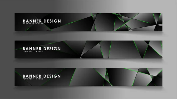 Colección de vector de banner cuadrado. Fondo premium negro con patrón poligonal oscuro de lujo y líneas de triángulo verde — Archivo Imágenes Vectoriales