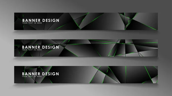 Colección de vector de banner cuadrado. Fondo premium negro con patrón poligonal oscuro de lujo y líneas de triángulo verde — Archivo Imágenes Vectoriales