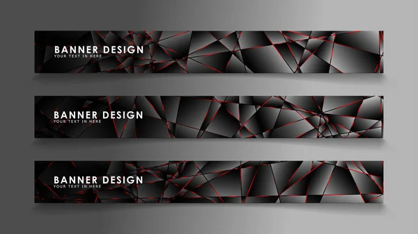Colección de vectores de banner cuadrado. Fondo premium negro con patrón poligonal oscuro de lujo y líneas de triángulo rojo — Archivo Imágenes Vectoriales