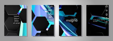 Altıgen kitap kapağının arka planını ayarlayın. Koyu arka plan teknolojisi stili ile gradyan renk ışık deseni. Petek. ışık vektör illüstrasyon