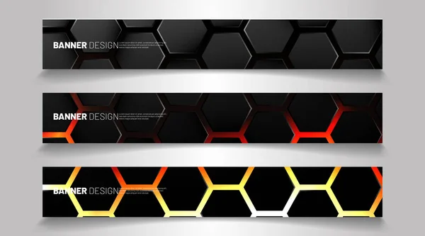 Establezca el fondo del banner hexágono. Patrón de luz de color degradado con estilo de tecnología de fondo oscuro. Panal de abeja. Vector ilustración de la luz — Archivo Imágenes Vectoriales