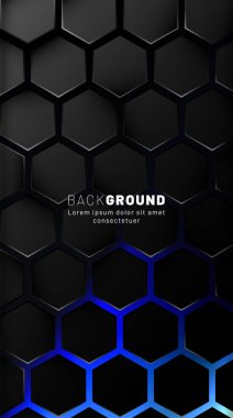 Dikey altıgen arka plan. Koyu arka plan teknolojisi stili ile gradyan renk ışık deseni. Petek. Işığın vektör illüstrasyonu.