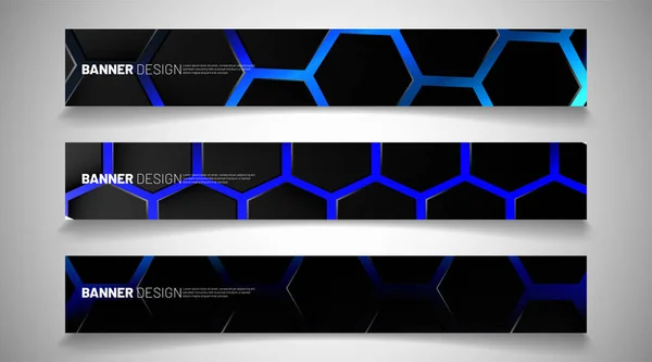 Establezca el fondo del banner hexágono. Patrón de luz de color degradado con estilo de tecnología de fondo oscuro. Panal de abeja. Ilustración vectorial de azul claro — Archivo Imágenes Vectoriales