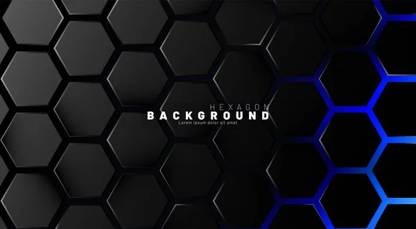 Modèle hexagonal noir abstrait sur fond bleu néon technolog — Image vectorielle