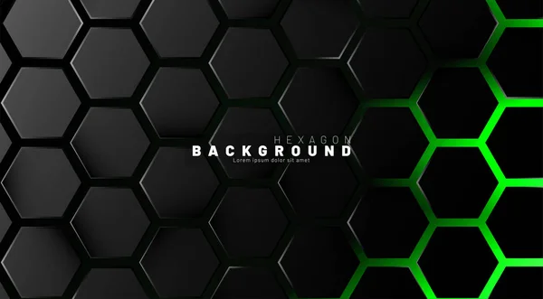 Abstraktní černý šestiúhelník na zeleném, neonové technologii pozadí. Plástev. Vektorová ilustrace — Stockový vektor
