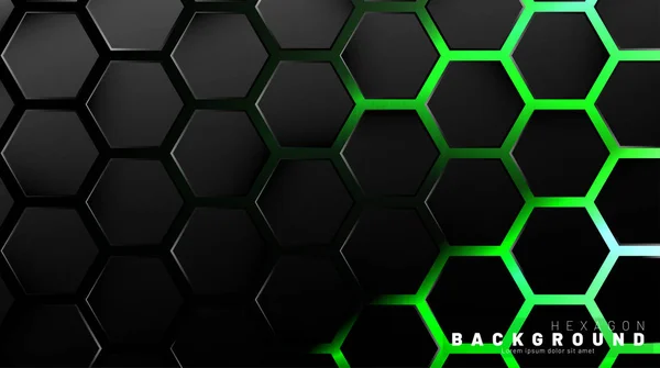 Abstrakcja Czarny Sześciokątny wzór na zielonym tle neon technolo — Wektor stockowy