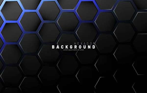 Abstraktní černý šestiúhelník na modrém neonově pozadí technolog — Stockový vektor