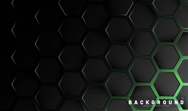 緑のネオン背景テクノロ上の抽象的な黒い六角形のパターン — ストックベクタ