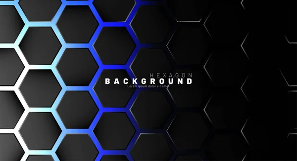青いネオンの背景技術上の抽象的な黒い六角形のパターン — ストックベクタ