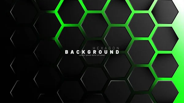 Modèle hexagonal noir abstrait sur fond vert néon technolo — Image vectorielle