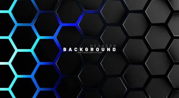Absztrakt fekete hatszög mintás kék neon háttér kímélik — Stock Vector