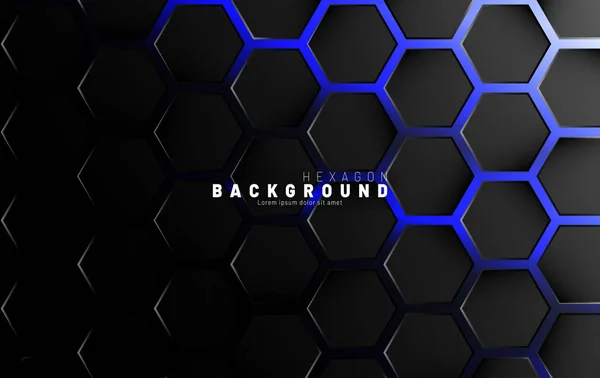 Abstraktes schwarzes Sechseckmuster auf blauem Neon-Hintergrund — Stockvektor