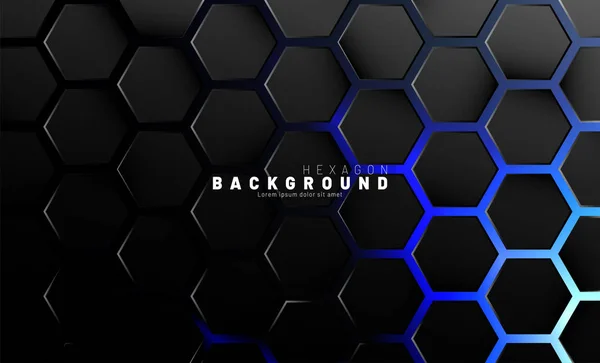青いネオンの背景技術上の抽象的な黒い六角形のパターン — ストックベクタ