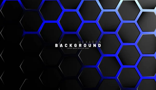 Abstract black hexagon pattern on blue neon background technolog — Stock Vector
