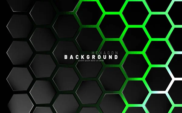 緑のネオン背景テクノロ上の抽象的な黒い六角形のパターン — ストックベクタ