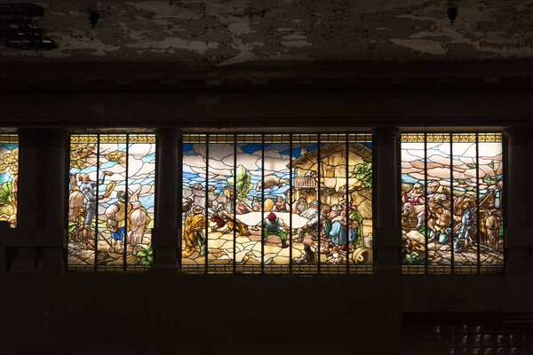 CABA, Buenos Aires / Argentina; July 27, 2019: Stained glass, interior detail of the Confectionery of the Mill, Confiteria del Molino, historical place that is in process of restoration