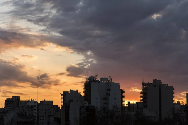 Coucher Soleil Buenos Aires Argentine Silhouette Certains Bâtiments Contre Jour — Photo