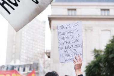 CABA, Buenos Aires / Arjantin; 23 Ağustos 2019: Poster metni: Amazon 'un yıkımının başlıca nedenlerinden biri sığır endüstrisidir. Brezilya Büyükelçiliği, Amazon 'un korunmasını protesto edin.