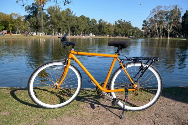Buenos Aires, Arjantin 'deki Bosques de Palermo olarak bilinen büyük halk parkında bir gölün kenarında turuncu bisiklet.
