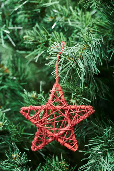 Weihnachtsdekoration Schöner Roter Zierstern Hängt Baum Kopierraum — Stockfoto