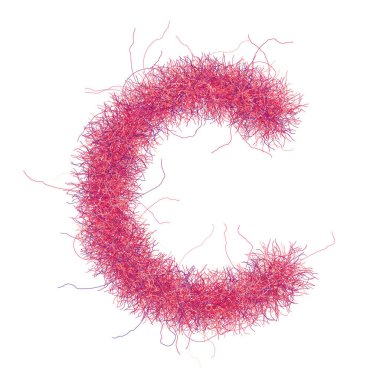 Kürklü yazı tipi. Beyaz arkaplanda C harfi var. Dekorasyon için kıllı kabartma. Komik stil.