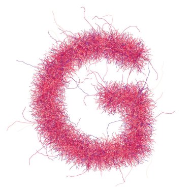 Kürklü yazı tipi. Beyaz arkaplanda G harfi var. Dekorasyon için kıllı kabartma. Komik stil.