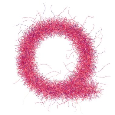 Kürklü yazı tipi. Beyaz arkaplanda Q harfi var. Dekorasyon için kıllı kabartma. Komik stil.