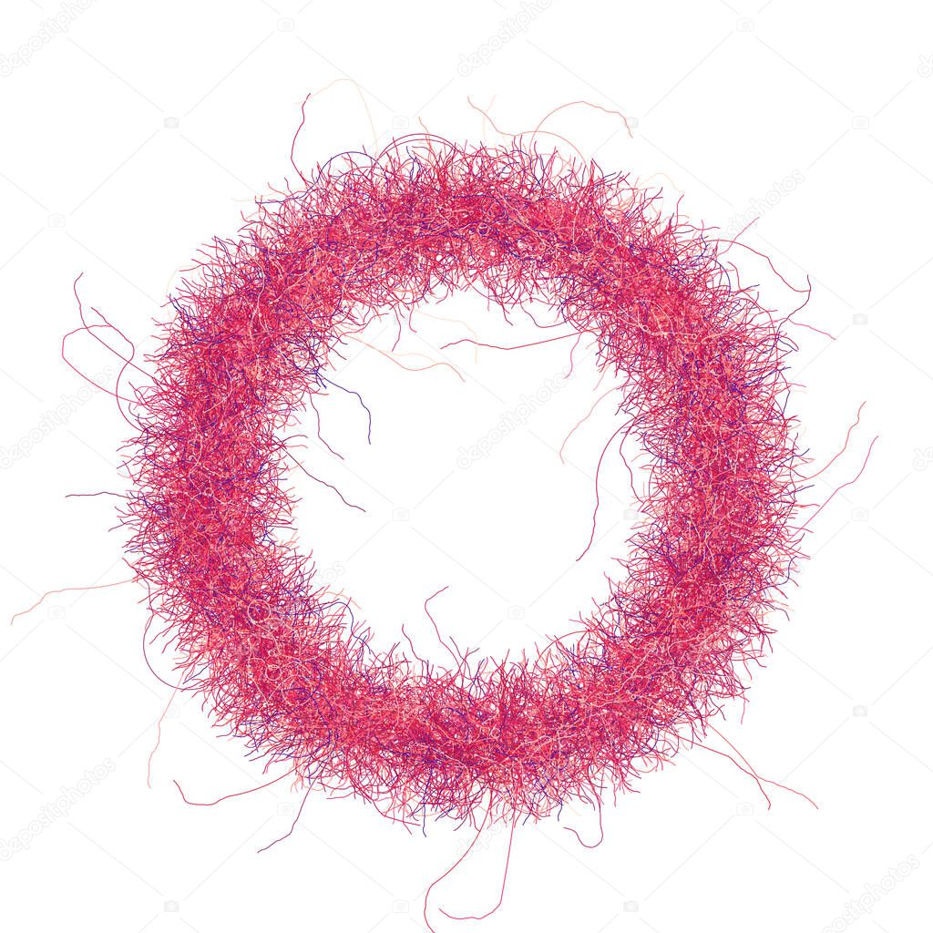 Fluffy font. Pink shaggy letter O. Hight quality hairy glyph. Capital letter. Fine detailed design element on white background. Funny style.