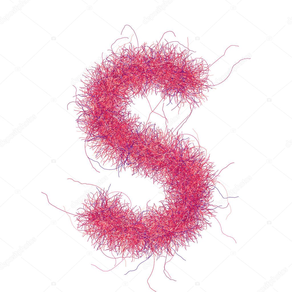 Hairy font. Pink letter S. Flurry glyph. Capital letter. Isolated fine detailed design element for advertising, anniversary or party banner.
