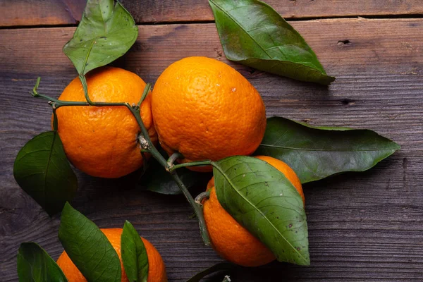 Tangerinas Com Folhas Placas Pinho — Fotografia de Stock