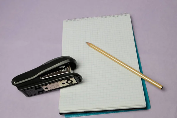 Masanın üzerinde kalem ve zımba olan defter.