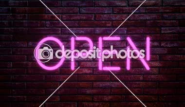 Pembe neon tabela tuğla duvar arka plan üzerinde yanıp yanıp sönüyor, açık atölye bar işareti kavramı